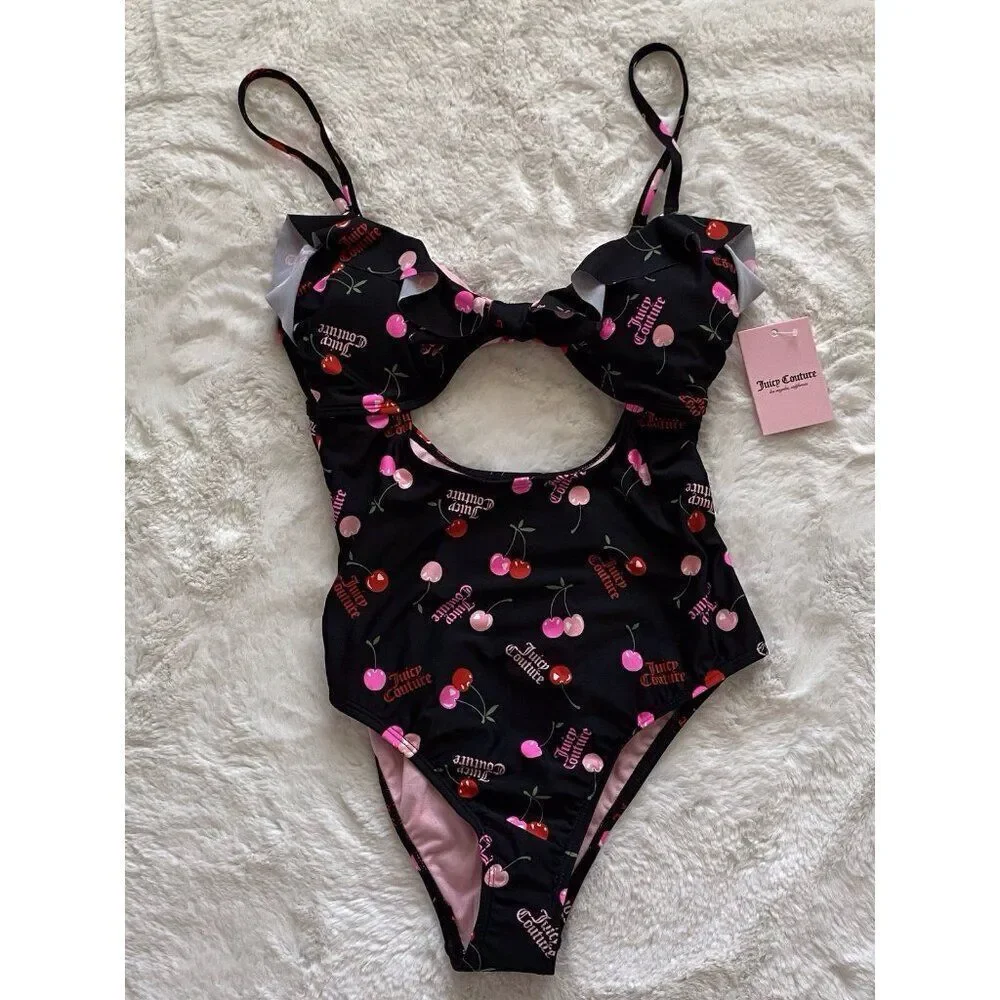 Juicy‎ Couture Ruffle Cut Out Swimsuit One Piece Lined Cherry Logo Size M NEW